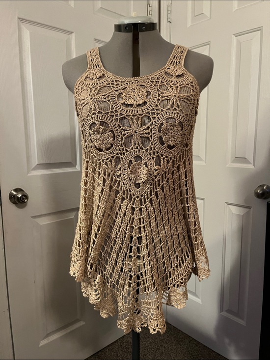 Vintage Tops - Crochet Double Lined Asymmetric Hem Tank, Tan, Size S/M